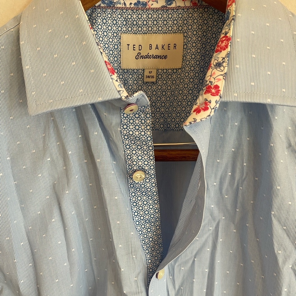 Ted Baker Endurance Blue Microstripe Dress Shirt – Floral Trim – Size 17 (34/35) - Picture 7 of 10